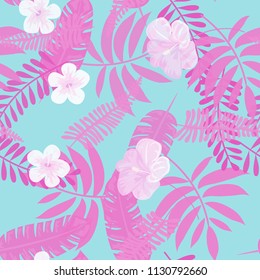 Beautiful tropical seamless pattern with flowers and leaves. Flowers of the jungle. Summer background with tropical leaves and flowers for fabric, wallpaper and cover
