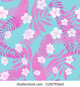 Beautiful tropical seamless pattern with flowers and leaves. Flowers of the jungle. Summer background with tropical leaves and flowers for fabric, wallpaper and cover