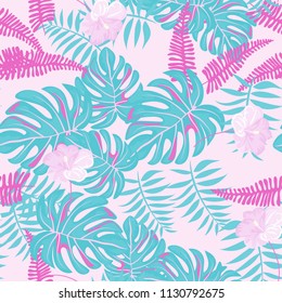 Beautiful tropical seamless pattern with flowers and leaves. Flowers of the jungle. Summer background with tropical leaves and flowers for fabric, wallpaper and cover