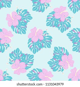 Beautiful tropical seamless pattern with flowers and leaves. Flowers of the jungle. Summer background with tropical leaves and flowers for fabric, wallpaper and cover