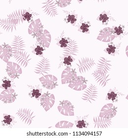 Beautiful tropical seamless pattern with flowers and leaves. Flowers of the jungle. Summer background with tropical leaves and flowers for fabric, wallpaper and cover