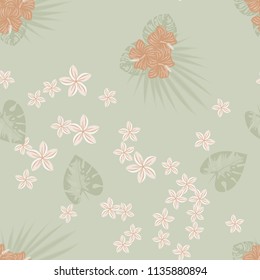 Beautiful tropical seamless pattern with flowers and leaves. Flowers of the jungle. Summer background with tropical leaves and flowers for fabric, wallpaper and cover