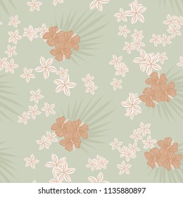 Beautiful tropical seamless pattern with flowers and leaves. Flowers of the jungle. Summer background with tropical leaves and flowers for fabric, wallpaper and cover