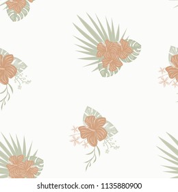 Beautiful tropical seamless pattern with flowers and leaves. Flowers of the jungle. Summer background with tropical leaves and flowers for fabric, wallpaper and cover