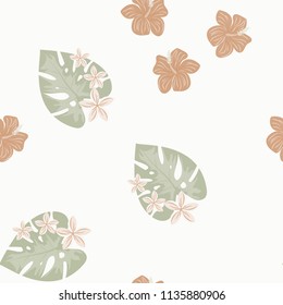 Beautiful tropical seamless pattern with flowers and leaves. Flowers of the jungle. Summer background with tropical leaves and flowers for fabric, wallpaper and cover