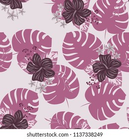 Beautiful tropical seamless pattern with flowers and leaves. Flowers of the jungle. Summer background with tropical leaves and flowers for fabric, wallpaper and cover