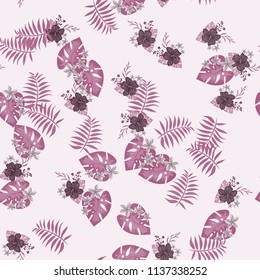 Beautiful tropical seamless pattern with flowers and leaves. Flowers of the jungle. Summer background with tropical leaves and flowers for fabric, wallpaper and cover