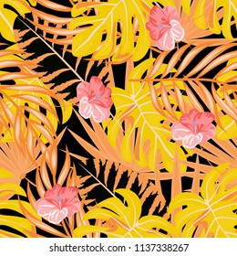 Beautiful tropical seamless pattern with flowers and leaves. Flowers of the jungle. Summer background with tropical leaves and flowers for fabric, wallpaper and cover