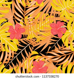Beautiful tropical seamless pattern with flowers and leaves. Flowers of the jungle. Summer background with tropical leaves and flowers for fabric, wallpaper and cover
