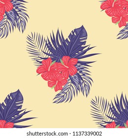 Beautiful tropical seamless pattern with flowers and leaves. Flowers of the jungle. Summer background with tropical leaves and flowers for fabric, wallpaper and cover
