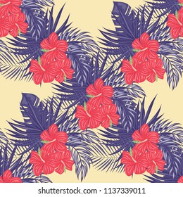 Beautiful tropical seamless pattern with flowers and leaves. Flowers of the jungle. Summer background with tropical leaves and flowers for fabric, wallpaper and cover