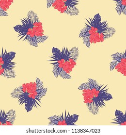 Beautiful tropical seamless pattern with flowers and leaves. Flowers of the jungle. Summer background with tropical leaves and flowers for fabric, wallpaper and cover