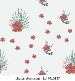 Beautiful tropical seamless pattern with flowers and leaves. Flowers of the jungle. Summer background with tropical leaves and flowers for fabric, wallpaper and cover