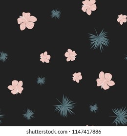 Beautiful tropical seamless pattern with flowers and leaves. Flowers of the jungle. Summer background with tropical leaves and flowers for fabric, wallpaper and cover