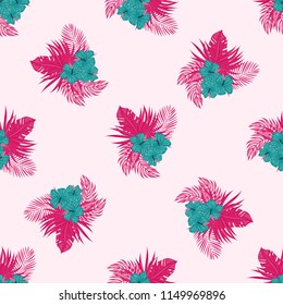 Beautiful tropical seamless pattern with flowers and leaves. Flowers of the jungle. Summer background with tropical leaves and flowers for fabric, wallpaper and cover