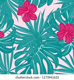 Beautiful tropical seamless pattern with flowers and leaves. Flowers of the jungle. Summer background with tropical leaves and flowers for fabric, wallpaper and cover