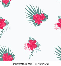 Beautiful tropical seamless pattern with flowers and leaves. Flowers of the jungle. Summer background with tropical leaves and flowers for fabric, wallpaper and cover