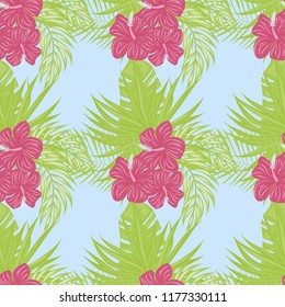 Beautiful tropical seamless pattern with flowers and leaves. Flowers of the jungle. Summer background with tropical leaves and flowers for fabric, wallpaper and cover