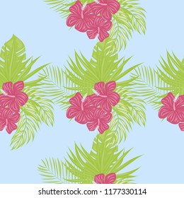 Beautiful tropical seamless pattern with flowers and leaves. Flowers of the jungle. Summer background with tropical leaves and flowers for fabric, wallpaper and cover