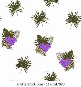 Beautiful tropical seamless pattern with flowers and leaves. Flowers of the jungle. Summer background with tropical leaves and flowers for fabric, wallpaper and cover