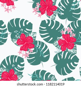 Beautiful tropical seamless pattern with flowers and leaves. Flowers of the jungle. Summer background with tropical leaves and flowers for fabric, wallpaper and cover
