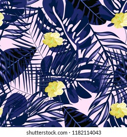 Beautiful tropical seamless pattern with flowers and leaves. Flowers of the jungle. Summer background with tropical leaves and flowers for fabric, wallpaper and cover