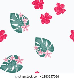 Beautiful tropical seamless pattern with flowers and leaves. Flowers of the jungle. Summer background with tropical leaves and flowers for fabric, wallpaper and cover