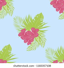 Beautiful tropical seamless pattern with flowers and leaves. Flowers of the jungle. Summer background with tropical leaves and flowers for fabric, wallpaper and cover