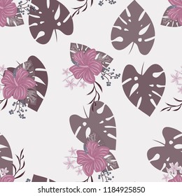Beautiful tropical seamless pattern with flowers and leaves. Flowers of the jungle. Summer background with tropical leaves and flowers for fabric, wallpaper and cover
