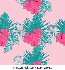 Beautiful tropical seamless pattern with flowers and leaves. Flowers of the jungle. Summer background with tropical leaves and flowers for fabric, wallpaper and cover
