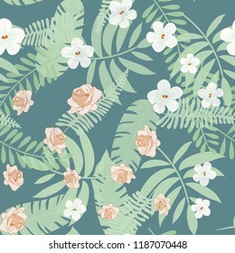 Beautiful tropical seamless pattern with flowers and leaves. Flowers of the jungle. Summer background with tropical leaves and flowers for fabric, wallpaper and cover