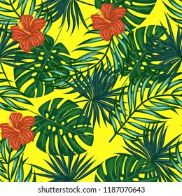 Beautiful tropical seamless pattern with flowers and leaves. Flowers of the jungle. Summer background with tropical leaves and flowers for fabric, wallpaper and cover