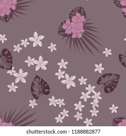 Beautiful tropical seamless pattern with flowers and leaves. Flowers of the jungle. Summer background with tropical leaves and flowers for fabric, wallpaper and cover