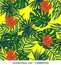 Beautiful tropical seamless pattern with flowers and leaves. Flowers of the jungle. Summer background with tropical leaves and flowers for fabric, wallpaper and cover