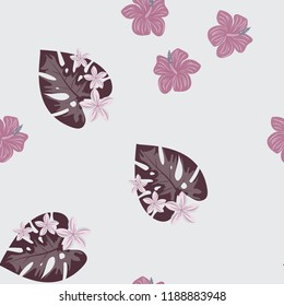 Beautiful tropical seamless pattern with flowers and leaves. Flowers of the jungle. Summer background with tropical leaves and flowers for fabric, wallpaper and cover