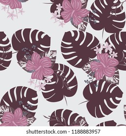 Beautiful tropical seamless pattern with flowers and leaves. Flowers of the jungle. Summer background with tropical leaves and flowers for fabric, wallpaper and cover