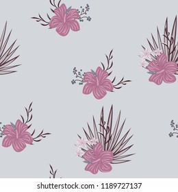 Beautiful tropical seamless pattern with flowers and leaves. Flowers of the jungle. Summer background with tropical leaves and flowers for fabric, wallpaper and cover