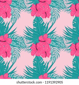 Beautiful tropical seamless pattern with flowers and leaves. Flowers of the jungle. Summer background with tropical leaves and flowers for fabric, wallpaper and cover