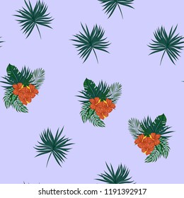 Beautiful tropical seamless pattern with flowers and leaves. Flowers of the jungle. Summer background with tropical leaves and flowers for fabric, wallpaper and cover