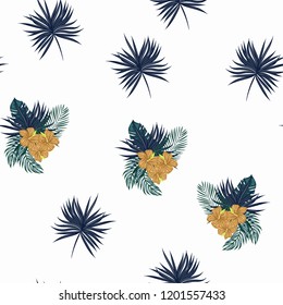 Beautiful tropical seamless pattern with flowers and leaves. Flowers of the jungle. Summer background with tropical leaves and flowers for fabric, wallpaper and cover
