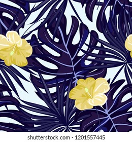 Beautiful tropical seamless pattern with flowers and leaves. Flowers of the jungle. Summer background with tropical leaves and flowers for fabric, wallpaper and cover