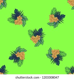 Beautiful tropical seamless pattern with flowers and leaves. Flowers of the jungle. Summer background with tropical leaves and flowers for fabric, wallpaper and cover