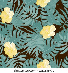 Beautiful tropical seamless pattern with flowers and leaves. Flowers of the jungle. Summer background with tropical leaves and flowers for fabric, wallpaper and cover