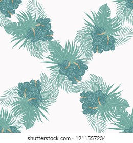 Beautiful tropical seamless pattern with flowers and leaves. Flowers of the jungle. Summer background with tropical leaves and flowers for fabric, wallpaper and cover