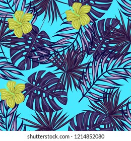 Beautiful tropical seamless pattern with flowers and leaves. Flowers of the jungle. Summer background with tropical leaves and flowers for fabric, wallpaper and cover