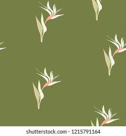 Beautiful tropical seamless pattern with flowers strelitzia. Summer background with tropical flowers on a blue background.