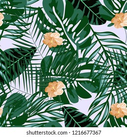 Beautiful tropical seamless pattern with flowers and leaves. Flowers of the jungle. Summer background with tropical leaves and flowers for fabric, wallpaper and cover