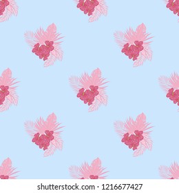 Beautiful tropical seamless pattern with flowers and leaves. Flowers of the jungle. Summer background with tropical leaves and flowers for fabric, wallpaper and cover