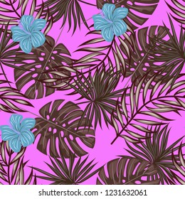 Beautiful tropical seamless pattern with flowers and leaves. Flowers of the jungle. Summer background with tropical leaves and flowers for fabric, wallpaper and cover