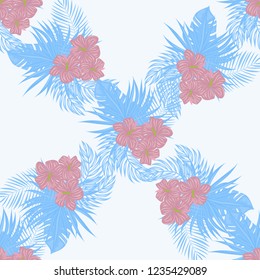 Beautiful tropical seamless pattern with flowers and leaves. Flowers of the jungle. Summer background with tropical leaves and flowers for fabric, wallpaper and cover
